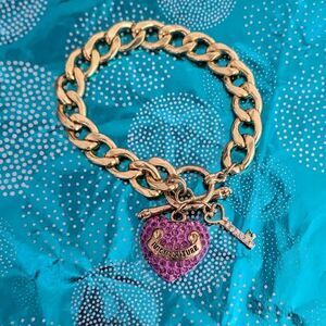 Juicy Couture Y2K Purple Pave Crystal Puffy Heart Gold tone Charm Bracelet
